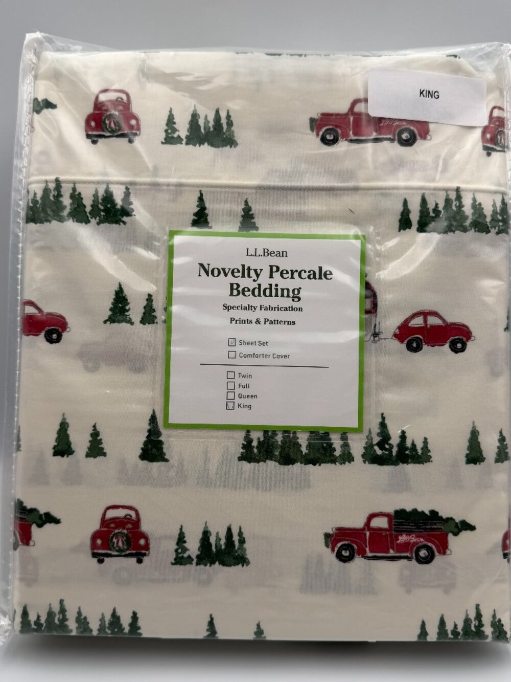 LL Bean Holiday Percale KING Sheet Set Sea Salt Red Truck Vintage Camper NIP